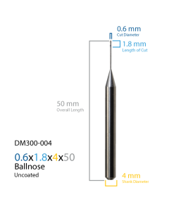 0.6x1.8x4x50 2FL Ball Endmill with 0.56x8.2 Neck for Roland Cad/Cam Milling Centers, PowerRD