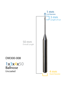 1x3x4x50 2FL Ball Endmill with 0.92x12 Neck for Roland Cad/Cam Milling Centers, PowerRD