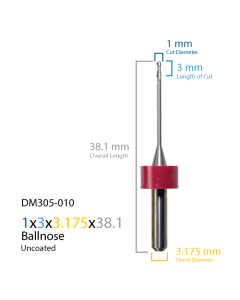 1x3x3.175x38.1 2FL Ball Endmill with 0.92x13.6 Neck and Red Nylon Stop for Digital Dental Cad/Cam Mi