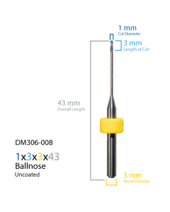 1x3x3x43 2FL Ball Endmill with 0.92x14 Neck and Yellow Nylon Stop for Dentsply Sirona MC X5 Cad/Cam