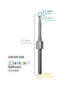 2.5x4x3x47 2FL Ball Endmill with 2.42x13 Neck and Metal Stop for Amann Girrbach Cad/Cam
